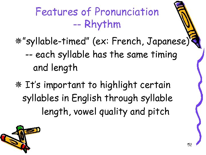 Features of Pronunciation -- Rhythm ”syllable-timed” (ex: French, Japanese) -- each syllable has the