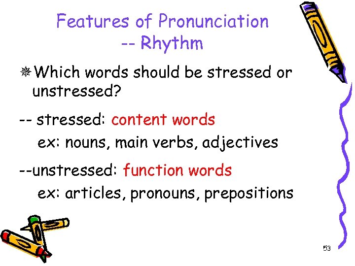 Features of Pronunciation -- Rhythm Which words should be stressed or unstressed? -- stressed: