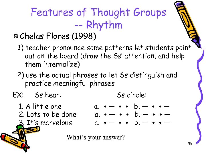 Features of Thought Groups -- Rhythm Chelas Flores (1998) 1) teacher pronounce some patterns