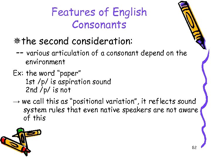 Features of English Consonants the second consideration: -- various articulation of a consonant depend