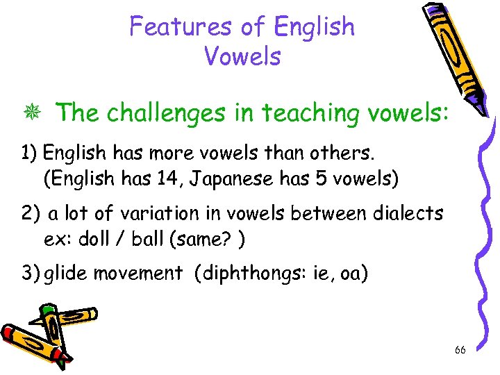 Features of English Vowels The challenges in teaching vowels: 1) English has more vowels