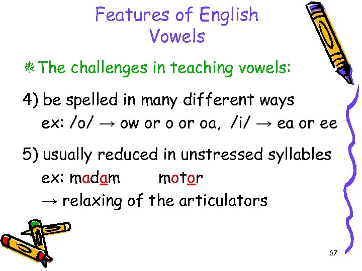 Features of English Vowels The challenges in teaching vowels: 4) be spelled in many