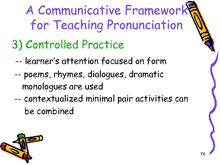 A Communicative Framework for Teaching Pronunciation 3) Controlled Practice -- learner’s attention focused on