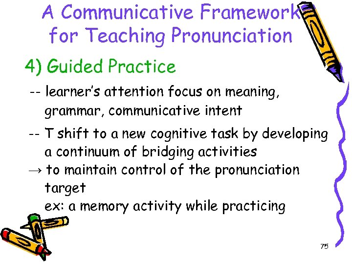 A Communicative Framework for Teaching Pronunciation 4) Guided Practice -- learner’s attention focus on