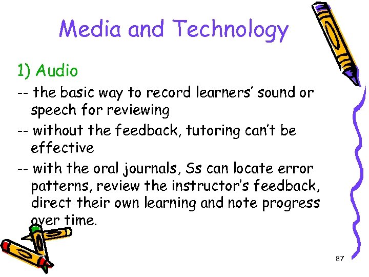 Media and Technology 1) Audio -- the basic way to record learners’ sound or