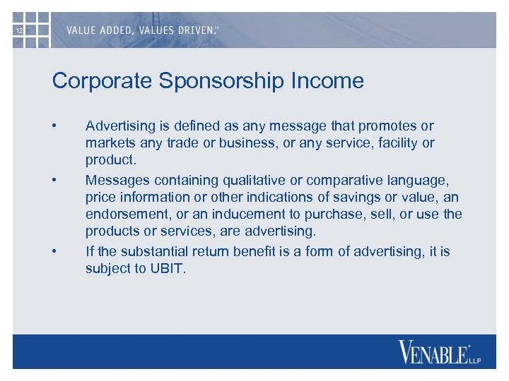 12 Corporate Sponsorship Income • • • Advertising is defined as any message that