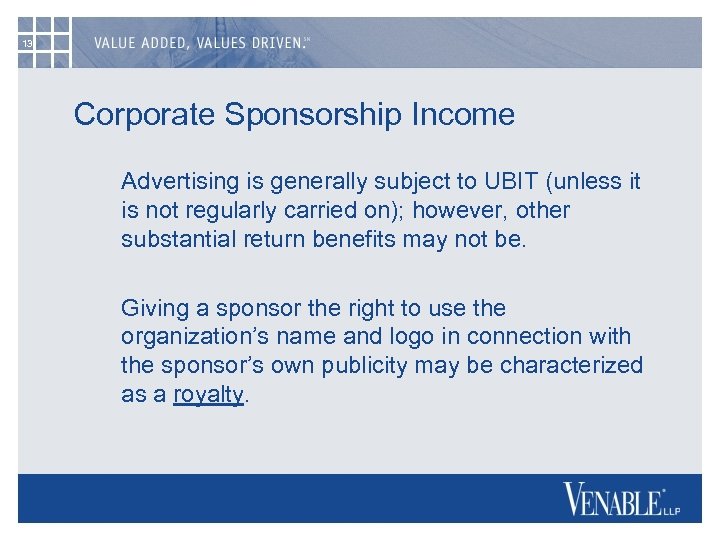 13 Corporate Sponsorship Income Advertising is generally subject to UBIT (unless it is not