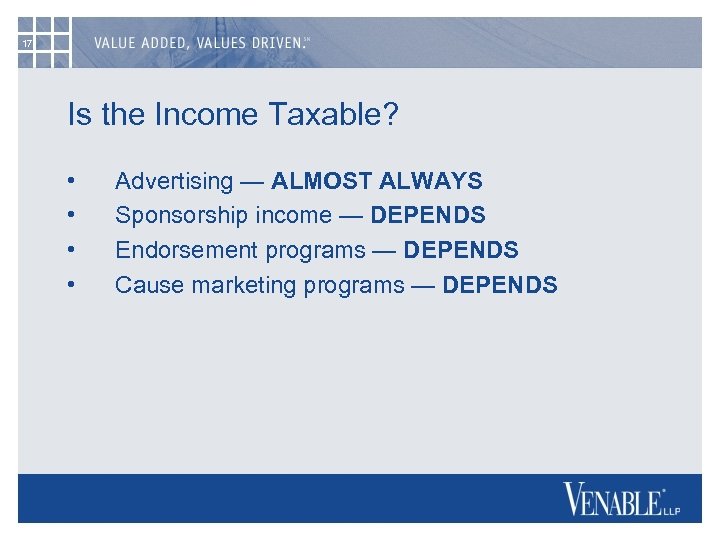 17 Is the Income Taxable? • • Advertising — ALMOST ALWAYS Sponsorship income —