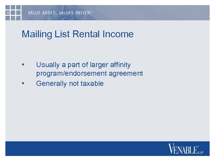 22 Mailing List Rental Income • • Usually a part of larger affinity program/endorsement