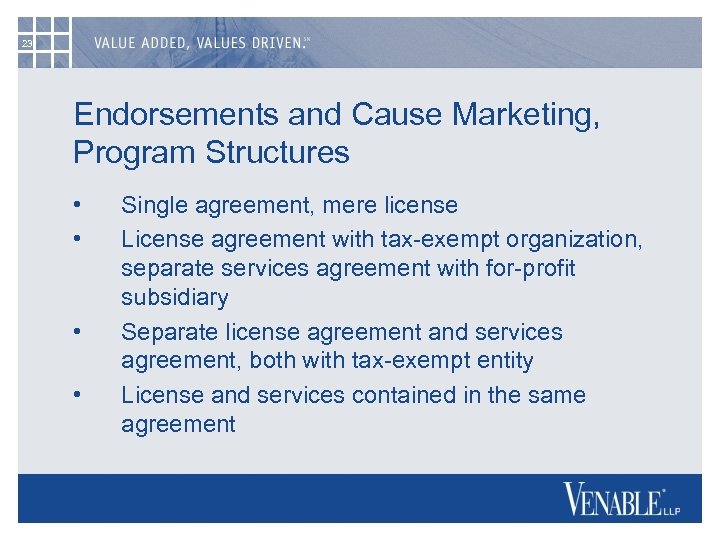 23 Endorsements and Cause Marketing, Program Structures • • Single agreement, mere license License