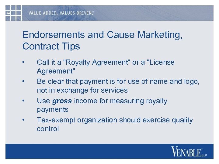 24 Endorsements and Cause Marketing, Contract Tips • • Call it a 