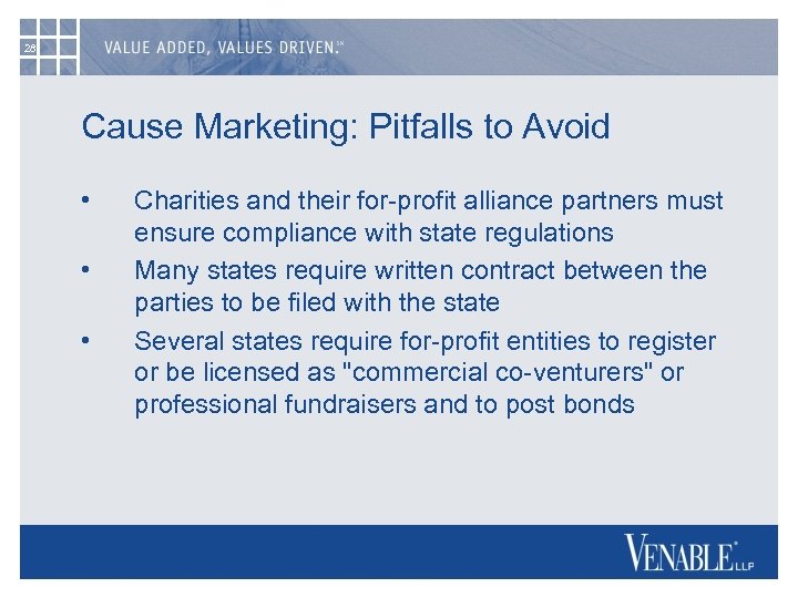 28 Cause Marketing: Pitfalls to Avoid • • • Charities and their for-profit alliance