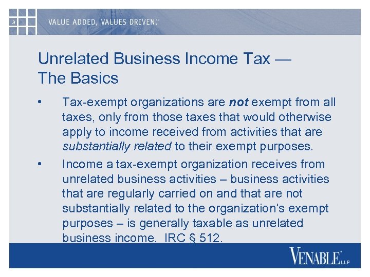 3 Unrelated Business Income Tax — The Basics • • Tax-exempt organizations are not