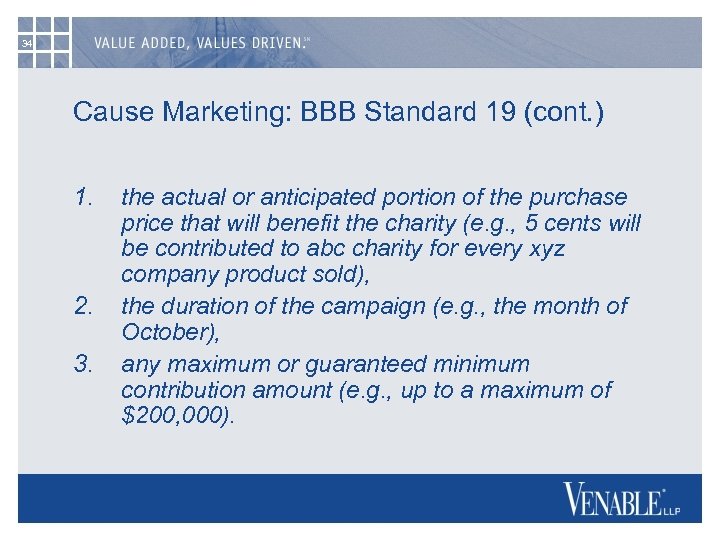 34 Cause Marketing: BBB Standard 19 (cont. ) 1. 2. 3. the actual or