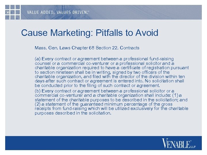 36 Cause Marketing: Pitfalls to Avoid Mass. Gen. Laws Chapter 68 Section 22. Contracts