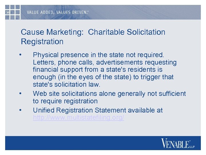 38 Cause Marketing: Charitable Solicitation Registration • • • Physical presence in the state