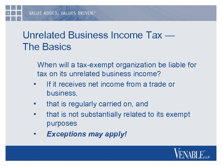 4 Unrelated Business Income Tax — The Basics When will a tax-exempt organization be