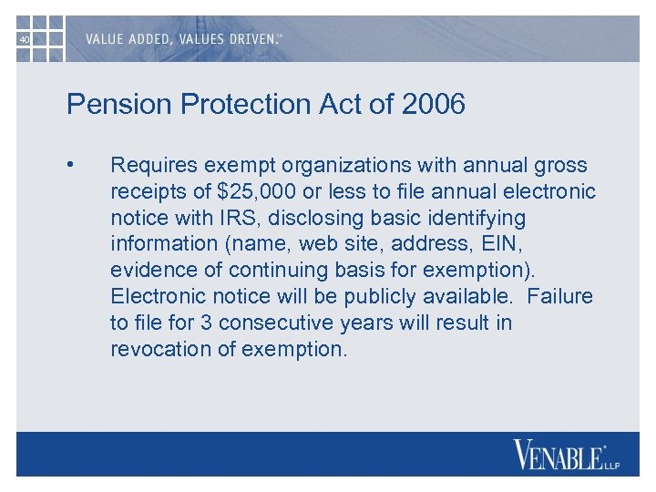 40 Pension Protection Act of 2006 • Requires exempt organizations with annual gross receipts