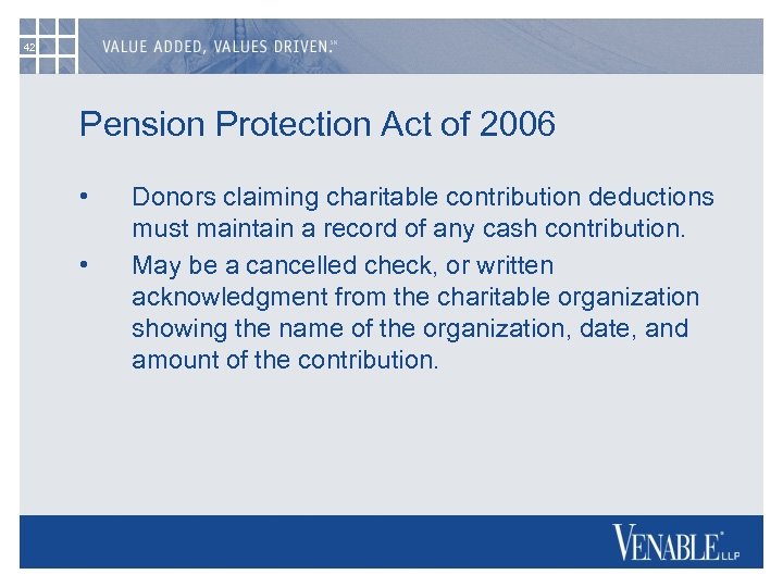 42 Pension Protection Act of 2006 • • Donors claiming charitable contribution deductions must