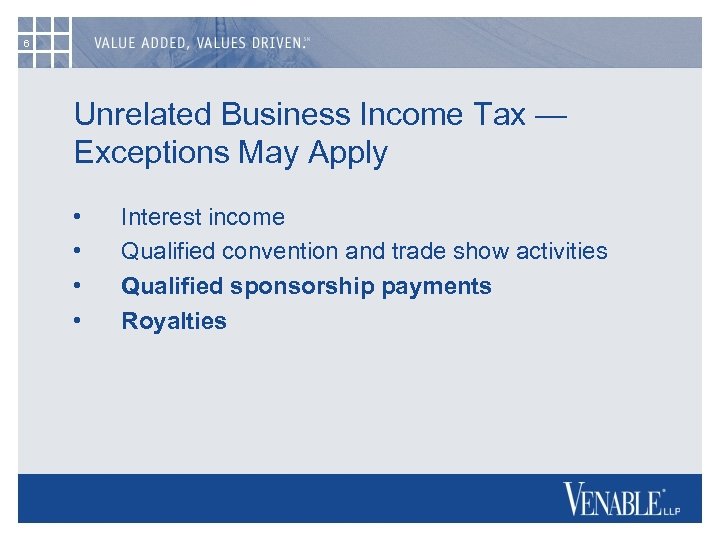 6 Unrelated Business Income Tax — Exceptions May Apply • • Interest income Qualified