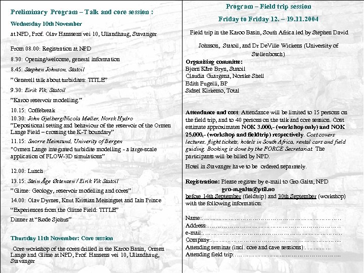  Preliminary Program – Talk and core session : Wednesday 10 th November at