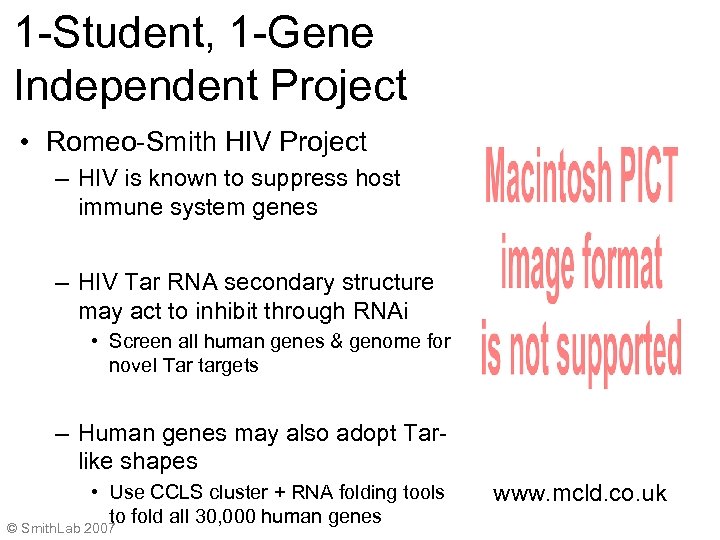 1 -Student, 1 -Gene Independent Project • Romeo-Smith HIV Project – HIV is known