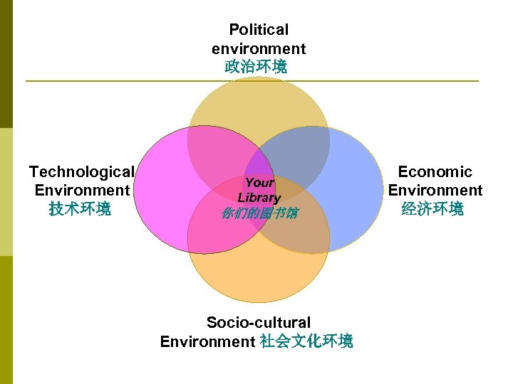 Political environment 政治环境 Technological Environment 技术环境 Your Library 你们的图书馆 Socio-cultural Environment 社会文化环境 Economic Environment