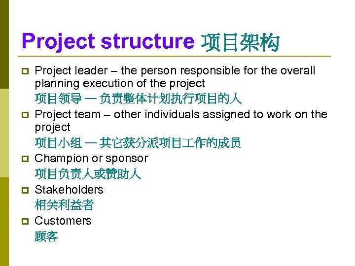 Project structure 项目架构 p p p Project leader – the person responsible for the