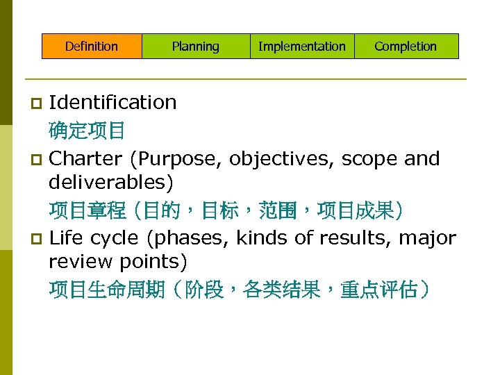 Definition Planning Implementation Completion Identification 确定项目 p Charter (Purpose, objectives, scope and deliverables) 项目章程