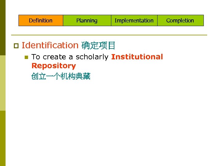 Definition p Planning Implementation Identification 确定项目 n To create a scholarly Institutional Repository 创立一个机构典藏