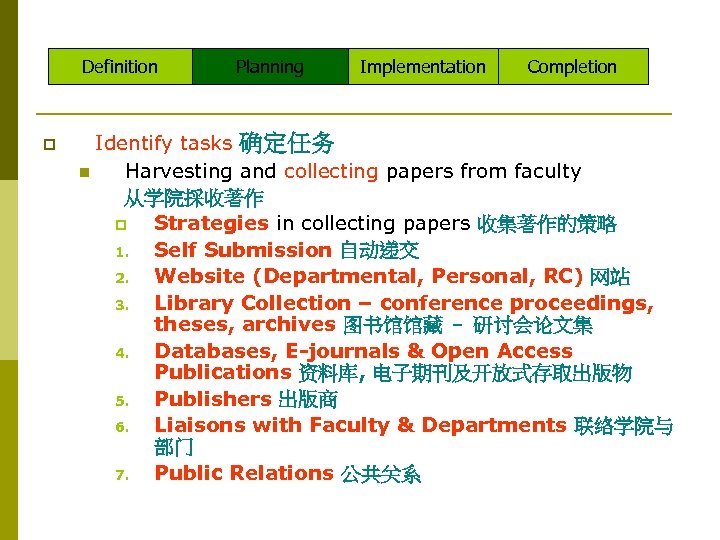 Definition p Planning Implementation Completion Identify tasks 确定任务 n Harvesting and collecting papers from