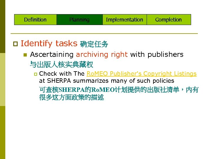 Definition p Planning Implementation Completion Identify tasks 确定任务 n Ascertaining archiving right with publishers