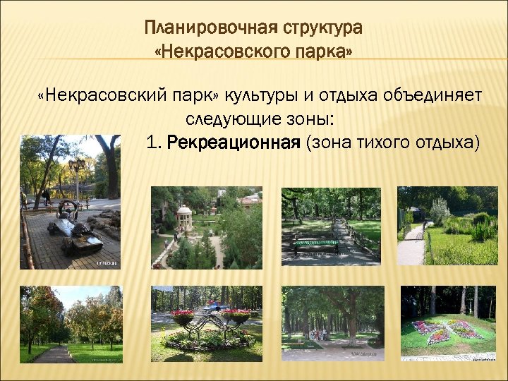 Планировочная структура «Некрасовского парка» «Некрасовский парк» культуры и отдыха объединяет следующие зоны: 1. Рекреационная
