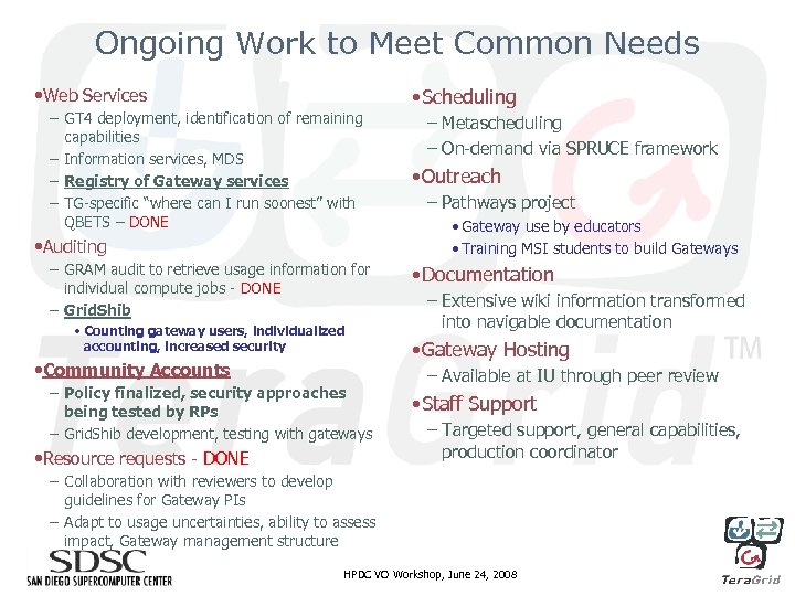 Ongoing Work to Meet Common Needs • Scheduling • Web Services – GT 4