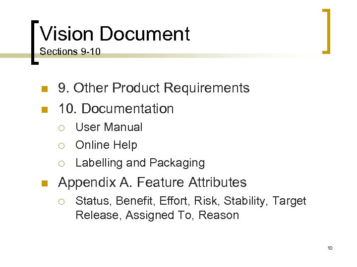 Vision Document Sections 9 -10 9. Other Product Requirements 10. Documentation User Manual Online