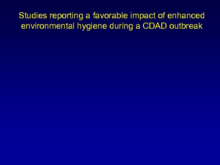 Studies reporting a favorable impact of enhanced environmental hygiene during a CDAD outbreak 