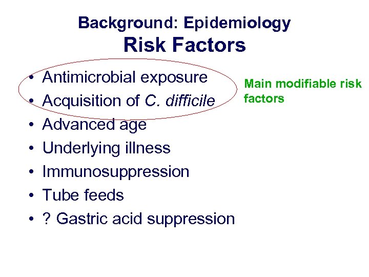 Background: Epidemiology Risk Factors • • Antimicrobial exposure Acquisition of C. difficile Advanced age