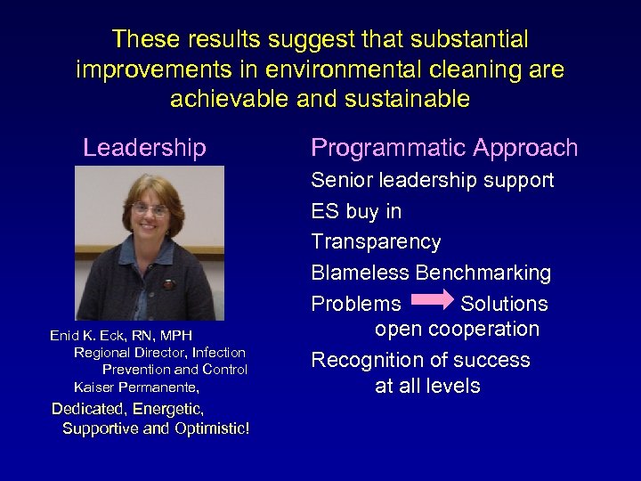 These results suggest that substantial improvements in environmental cleaning are achievable and sustainable Leadership