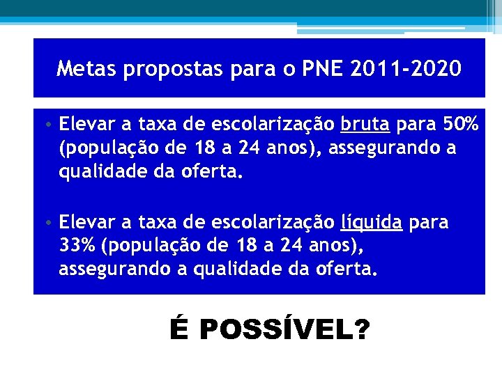 Metas propostas para o PNE 2011 -2020 • Elevar a taxa de escolarização bruta