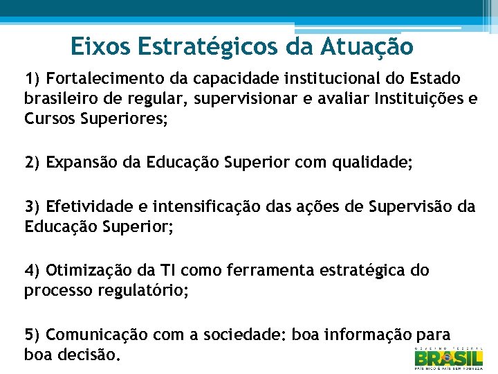 Eixos Estratégicos da Atuação 1) Fortalecimento da capacidade institucional do Estado brasileiro de regular,