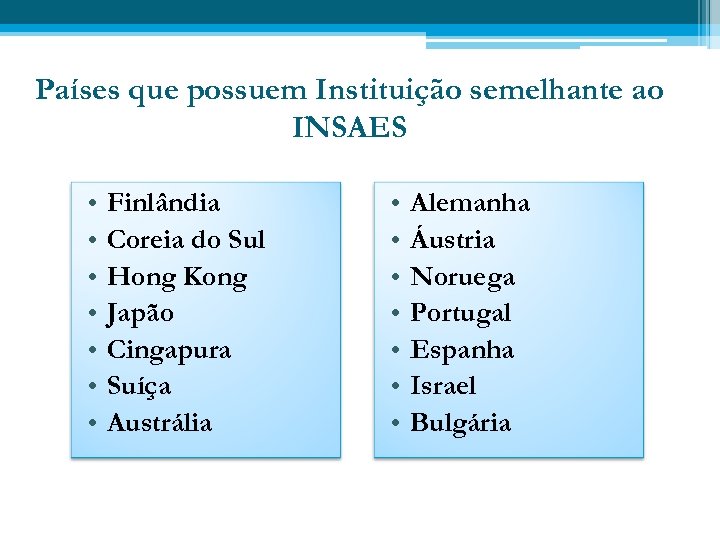 Países que possuem Instituição semelhante ao INSAES • • Finlândia Coreia do Sul Hong