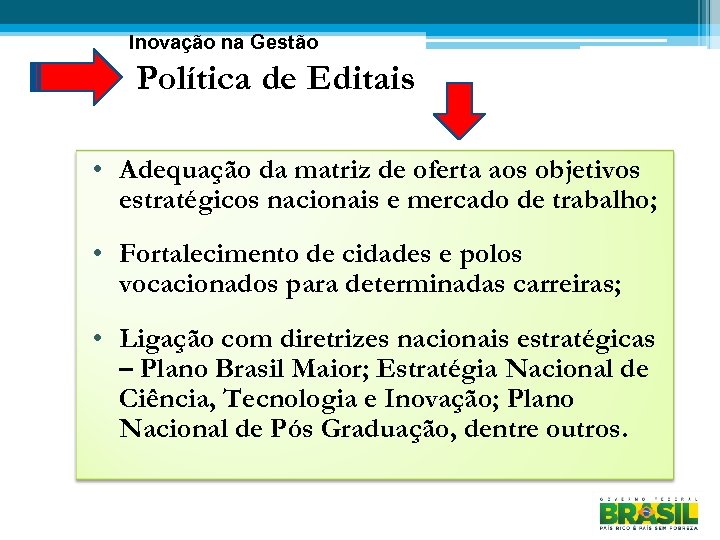 Inovação na Gestão Política de Editais • Adequação da matriz de oferta aos objetivos
