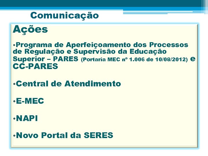 Comunicação Ações • Programa de Aperfeiçoamento dos Processos de Regulação e Supervisão da Educação