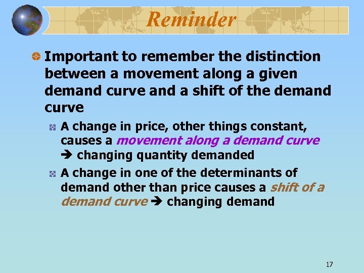 Reminder Important to remember the distinction between a movement along a given demand curve