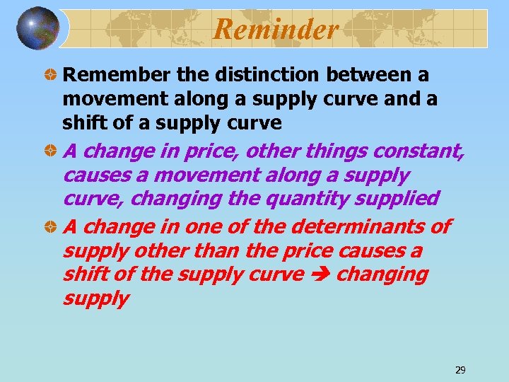 Reminder Remember the distinction between a movement along a supply curve and a shift