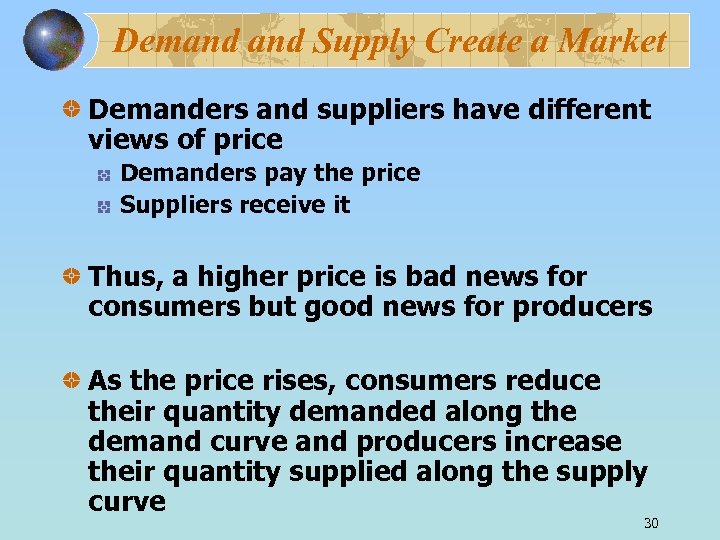 Demand Supply Create a Market Demanders and suppliers have different views of price Demanders