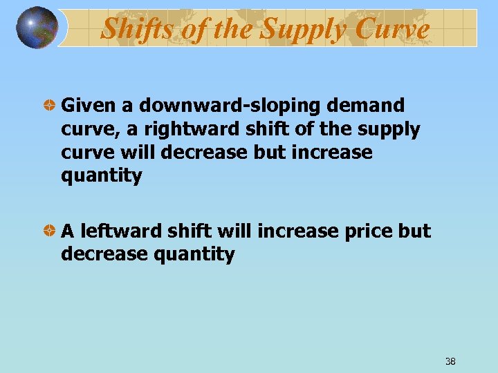 Shifts of the Supply Curve Given a downward-sloping demand curve, a rightward shift of
