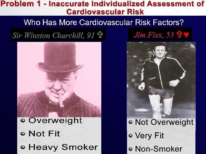 Who Has More Cardiovascular Risk Factors? Sir Winston Churchill, 91 Jim Fixx, 53 