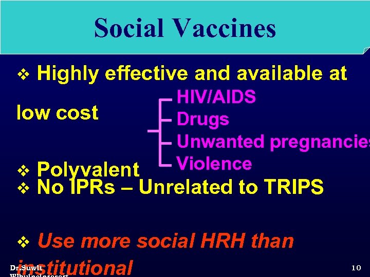 Social Vaccines v Highly effective and available at low cost v v HIV/AIDS Drugs