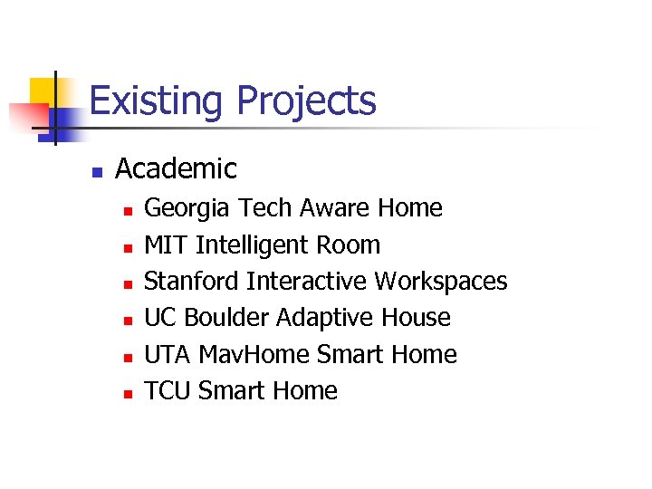 Existing Projects n Academic n n n Georgia Tech Aware Home MIT Intelligent Room